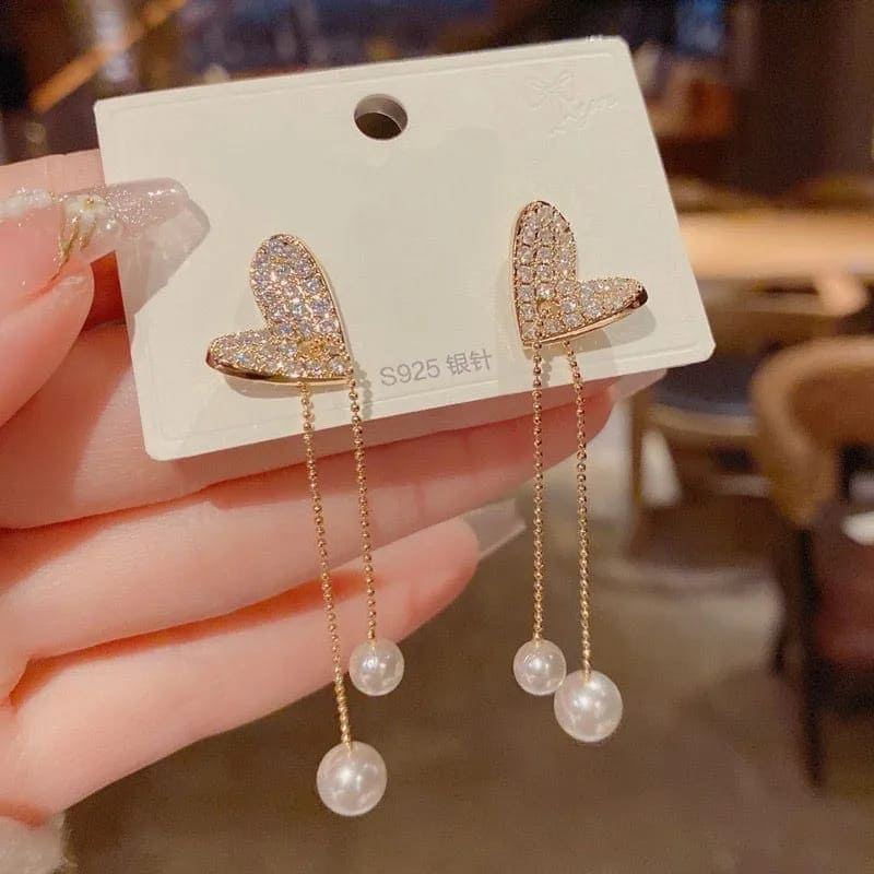 Flexible Heart Top Crystal Earrings, Hollow Heart Drop Earrings, Adjustable Pearl Tassel Ear Jewellery, Luxury Long Simulation Pearl Earrings For Women Flexible Heart Top Crystal Earrings, Hollow Heart Drop Earrings, Adjustable Pearl Tassel Ear Jewellery, Luxury Long Simulation Pearl Earrings For Women